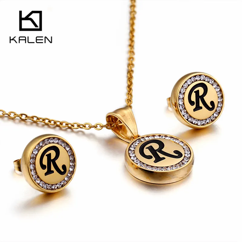 KALEN Bulgaria Gold 26 capitary Letter комплекты украшений для женщин из нержавеющей стали Начальная буква A-Z кулон комплект ожерелья и серьги