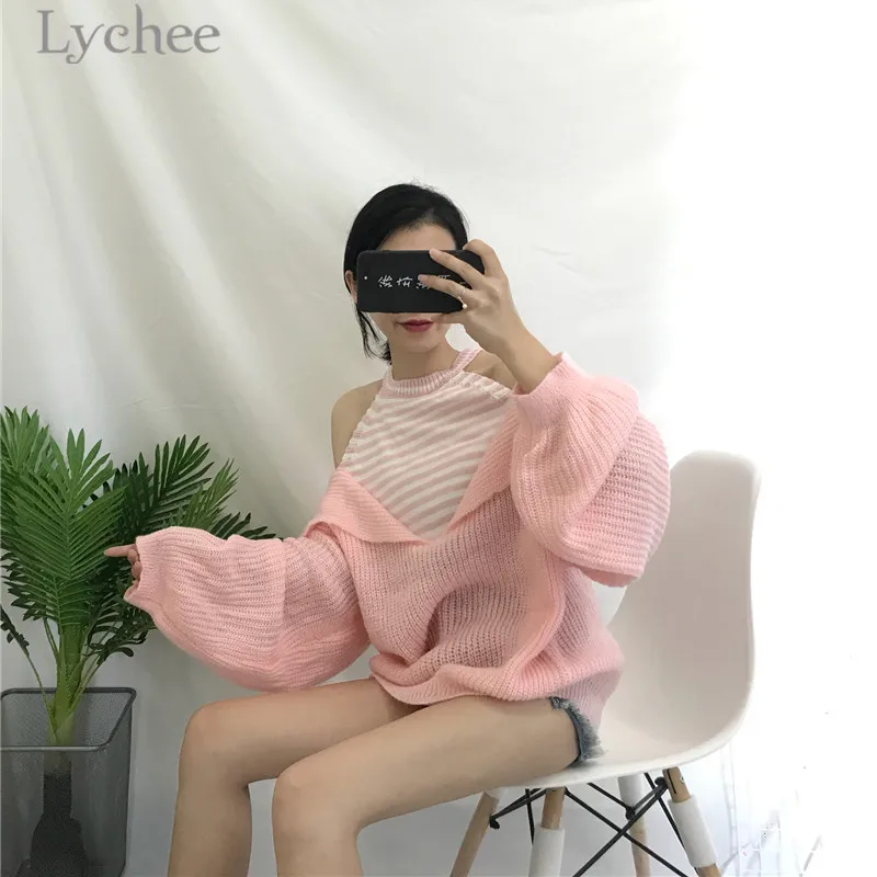 Женский Осенний вязаный свитер Lychee в полоску с открытыми плечами и рукавом