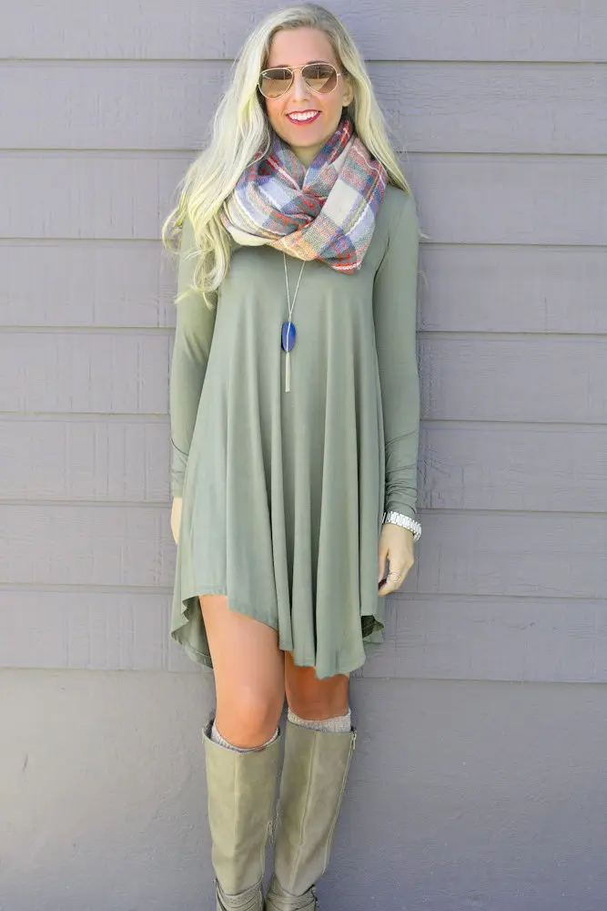 Женское шерстяное платье мини vestidos Хлопковое с круглым вырезом и длинным рукавом