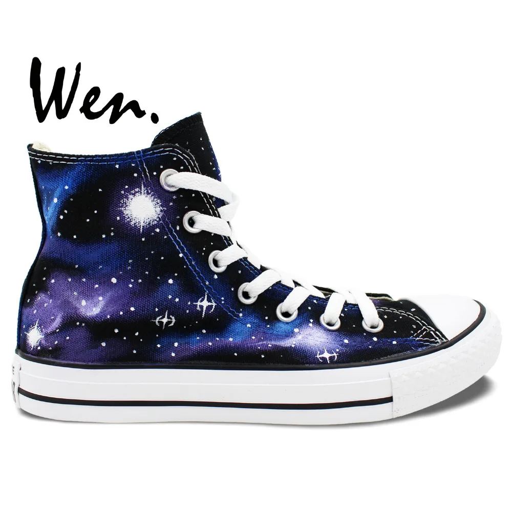

Wen Original Hand Painted Sneakers Design Custom Blue Purple Galaxy Stars Men Women's High Top Canvas Shoes