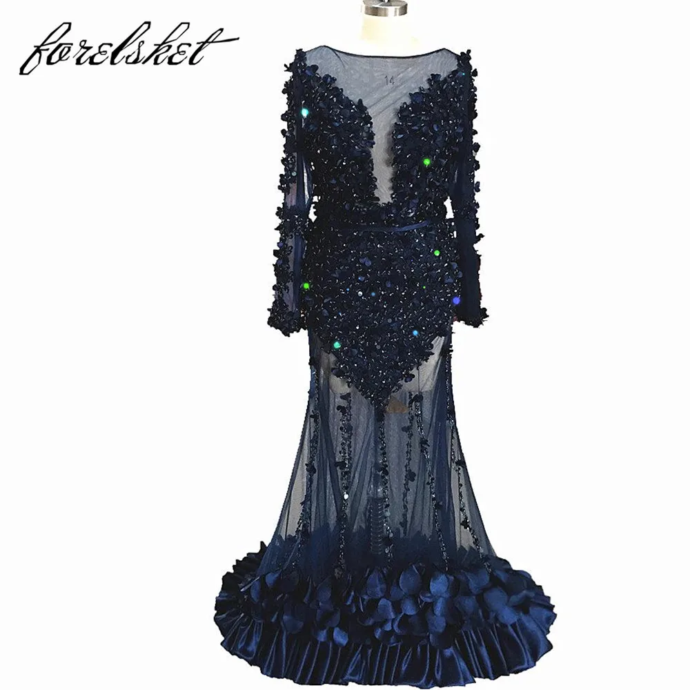 3D Flowers Sexy Dubai Long Sleeves Prom Dresses Green 2020 Beaded Mermaid Evening Party Dresses For Women vestido manga larga