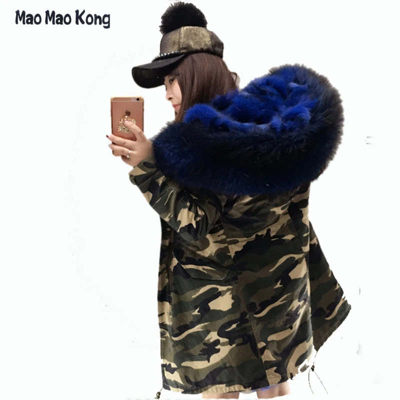 2020 Новая модная зимняя женская длинная камуфляжная меховая парка с воротником из