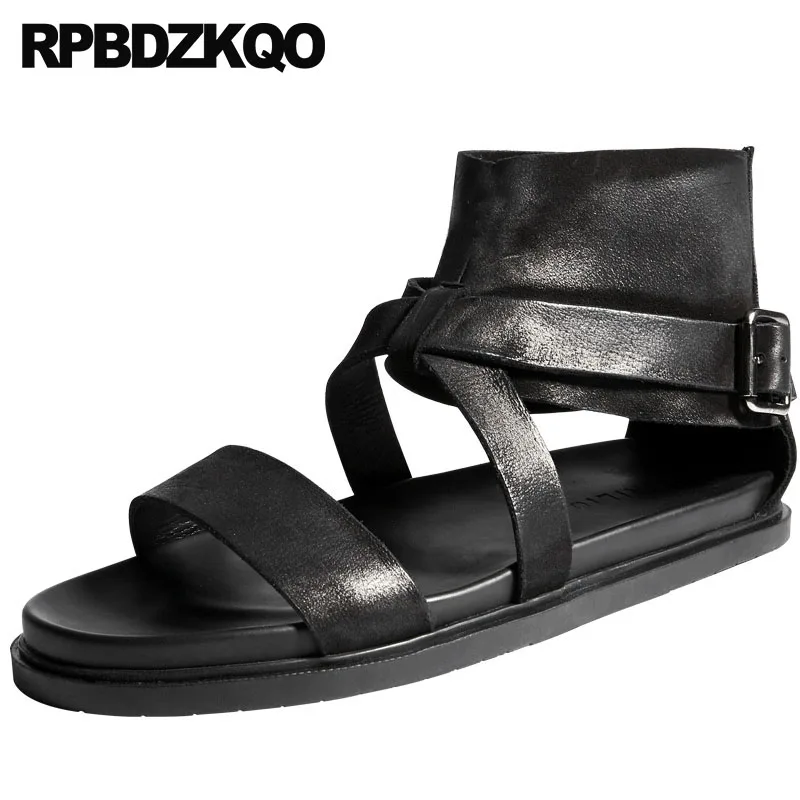 

Size 45 Designer Large Genuine Leather Black Flat 2018 Shoes Boots Famous Brand High Quality Roman Men Gladiator Sandals Summer