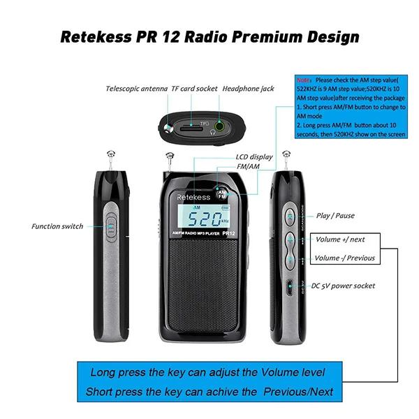RETEKESS PR12 Мини цифровой карманный радио FM/AM 2 полосный MP3 музыкальный плеер с перезаряжаемой батареей для пеших прогулок/езды на автобус