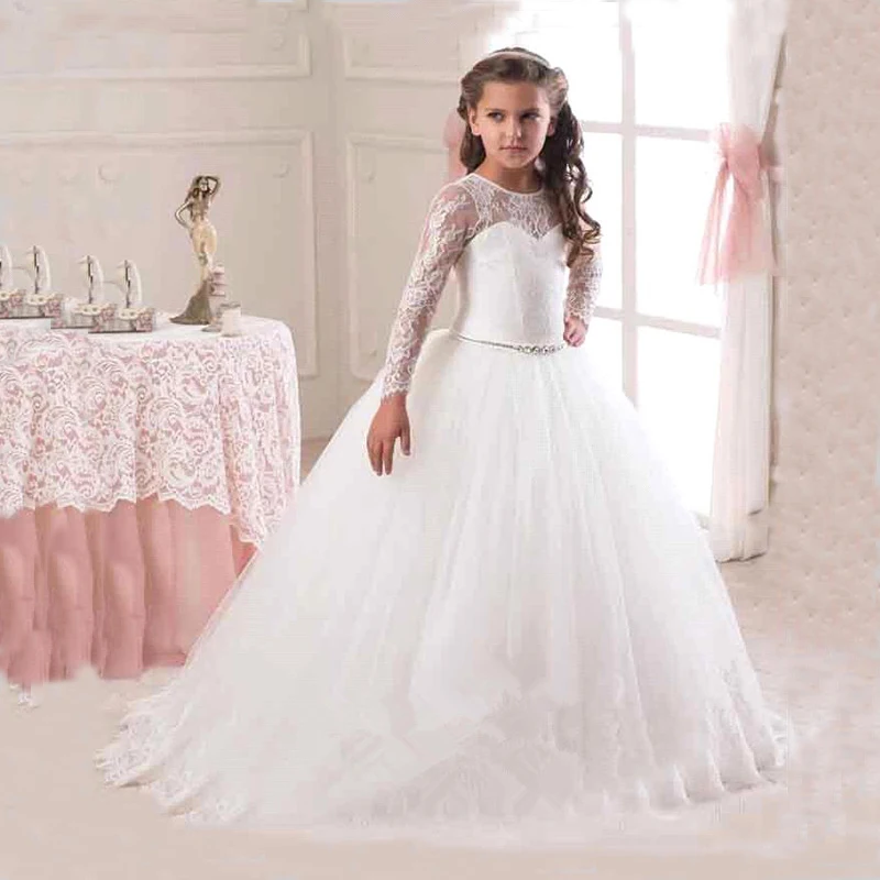 Summer baby girl fashion dress long sleeve lace diamond waistband walk show party clothes for kids Princess | Детская одежда и