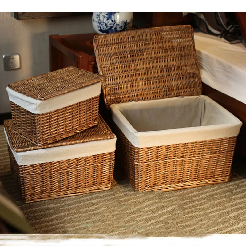 

Classic Handwoven Household wicker storage basket with Lid with Cloth Liners large laundry basket storage wicker rattan baskets