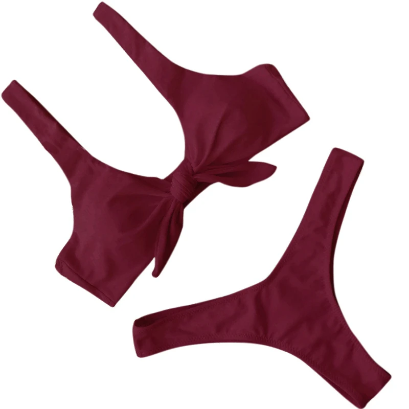 2018 однотонный комплект бикини с завязками спереди узлом и высоким вырезом