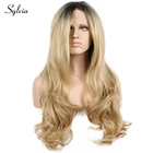 Sylvia светлые золотые синтетические Синтетические волосы на кружеве парики с темные корни синтетические волосы объемной волны длинные термостойкие волокна волос для Для женщин