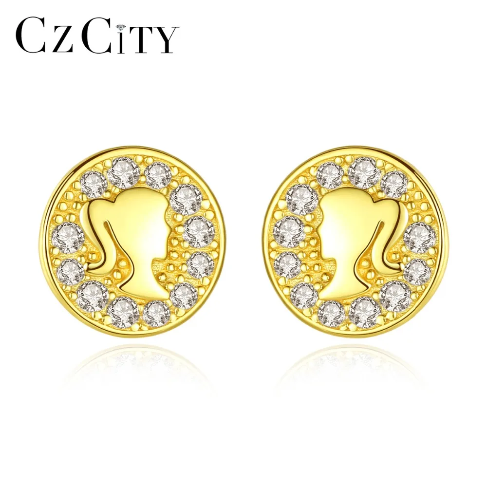 CZCITY реальные 925 стерлингового серебра молодая девушка круглые серьги со шпилькой
