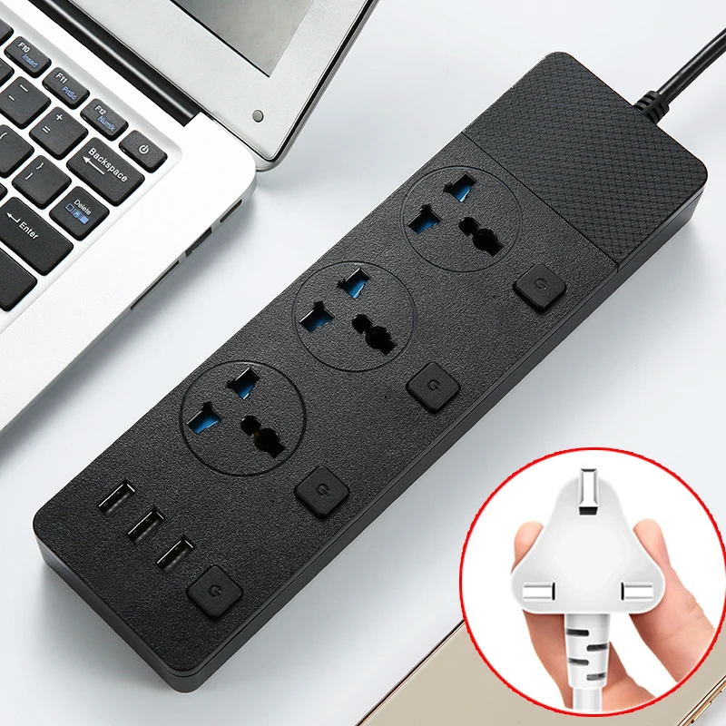 UK Plug power Strip 3 порта USB 3 розетки переменного тока USB настенная розетка умная розетка Кнопка питания 2 м гнездо для шнура удлинителя