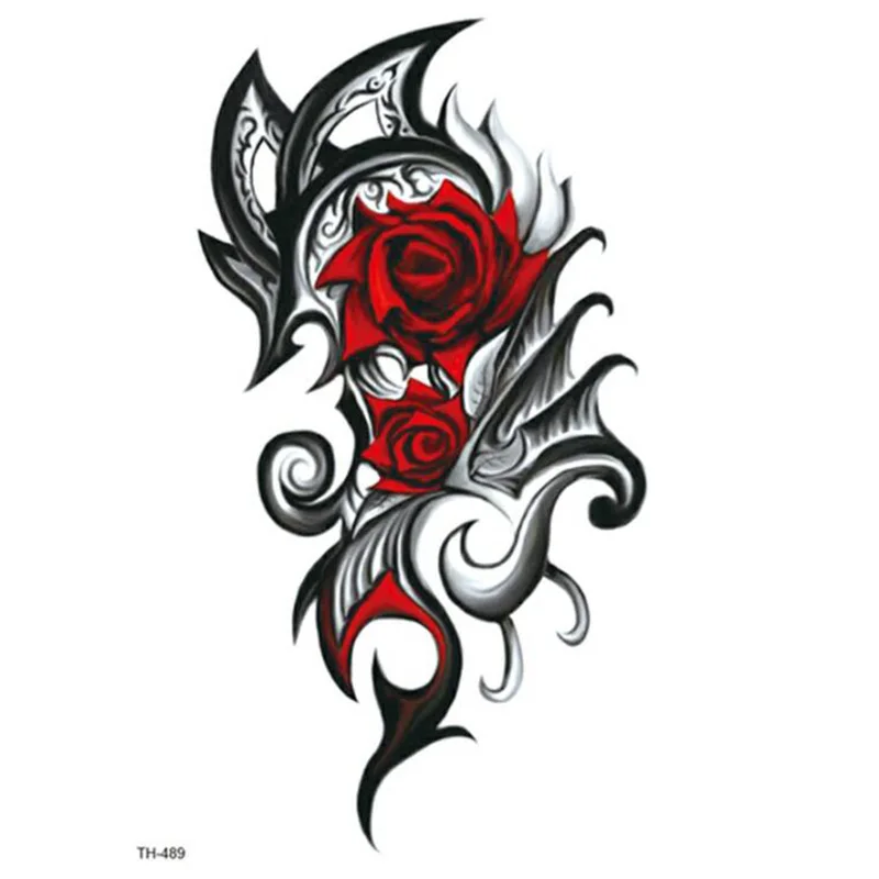 Временная тату наклейка с черепом и красной розой 21X15 см водонепроницаемая