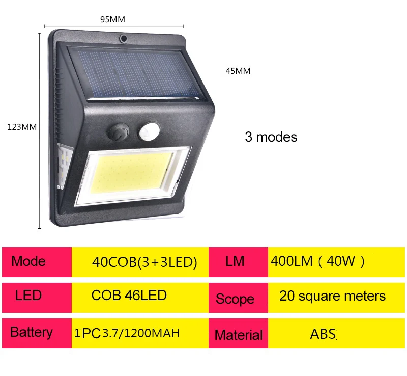 COB 46led 3 modes Солнечная лампа светодиодный настенный солнечный светильник Открытый охранный светильник ing с датчиком движения детектор сад задняя дверь шаг 270 градусов удлинить - Испускаемый цвет: COB 46led 3 modes