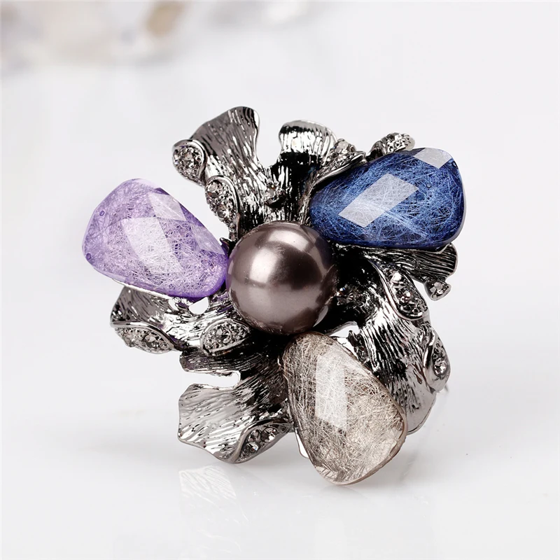 Винтажная брошь с кристаллами жемчужная Цветочная булавка черная позолоченная