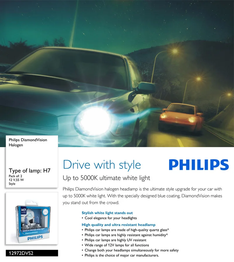 Philips H7 12V 55W PX26d Diamond Vision 5000K супер белый светильник галогенные лампы Авто головной светильник 12972DV S2, пара