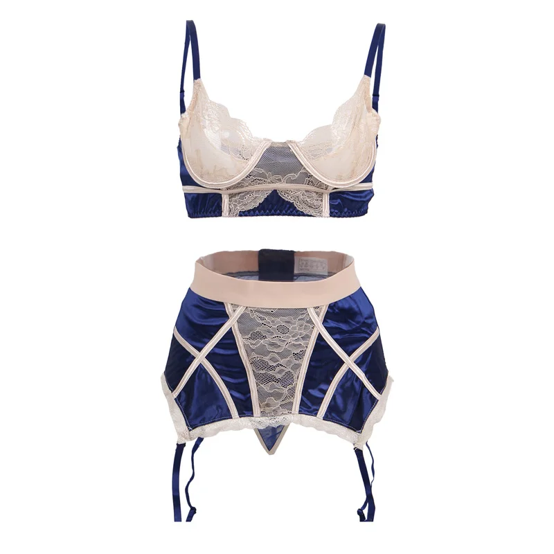 Женский комплект кружевного нижнего белья синее привлекательное нижнее белье с