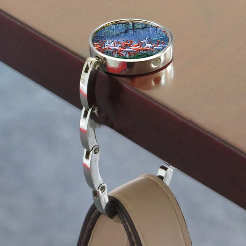 Portable Metal Foldable Desk Bag Purse Hook Bag Hanger Purse Hook Handbag Holder Shell Bag Folding Table Flamingo Hook