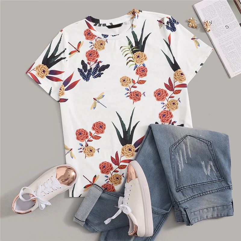 Dotfashion белая футболка с цветочным принтом и растениями для женщин летняя повседневная одежда с коротким рукавом модные топы уличная футболка