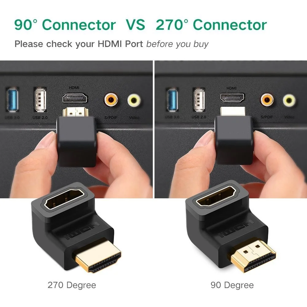 Переходник конвертер HDMI для кабеля 90 270 градусов прямоугольный переходник штырь