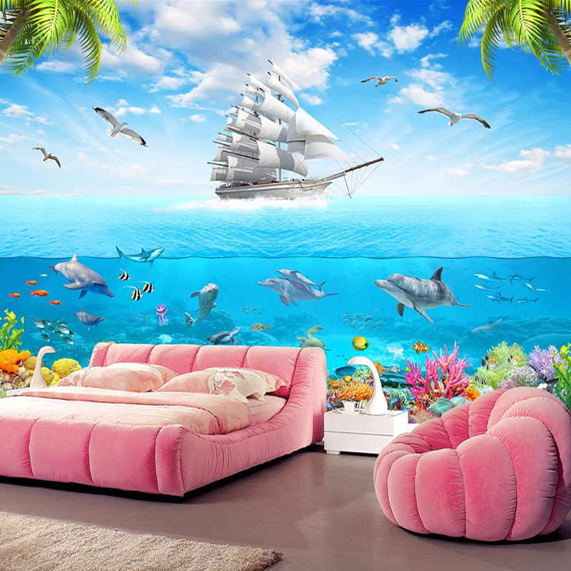 Пользовательские обои фрески 3D Чайка парусный подводный мир, дельфин фото настенные наклейки с росписью гостиная спальня Papel де Parede