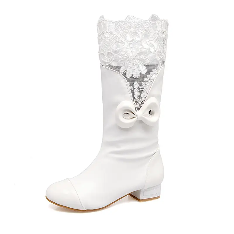 white with fur ASUMER/Новинка года; однотонные женские ботинки до середины икры; высококачественные осенние ботинки без застежки; модные ботинки на толстом каблуке с круглым носком и бантом - Цвет: white with fur