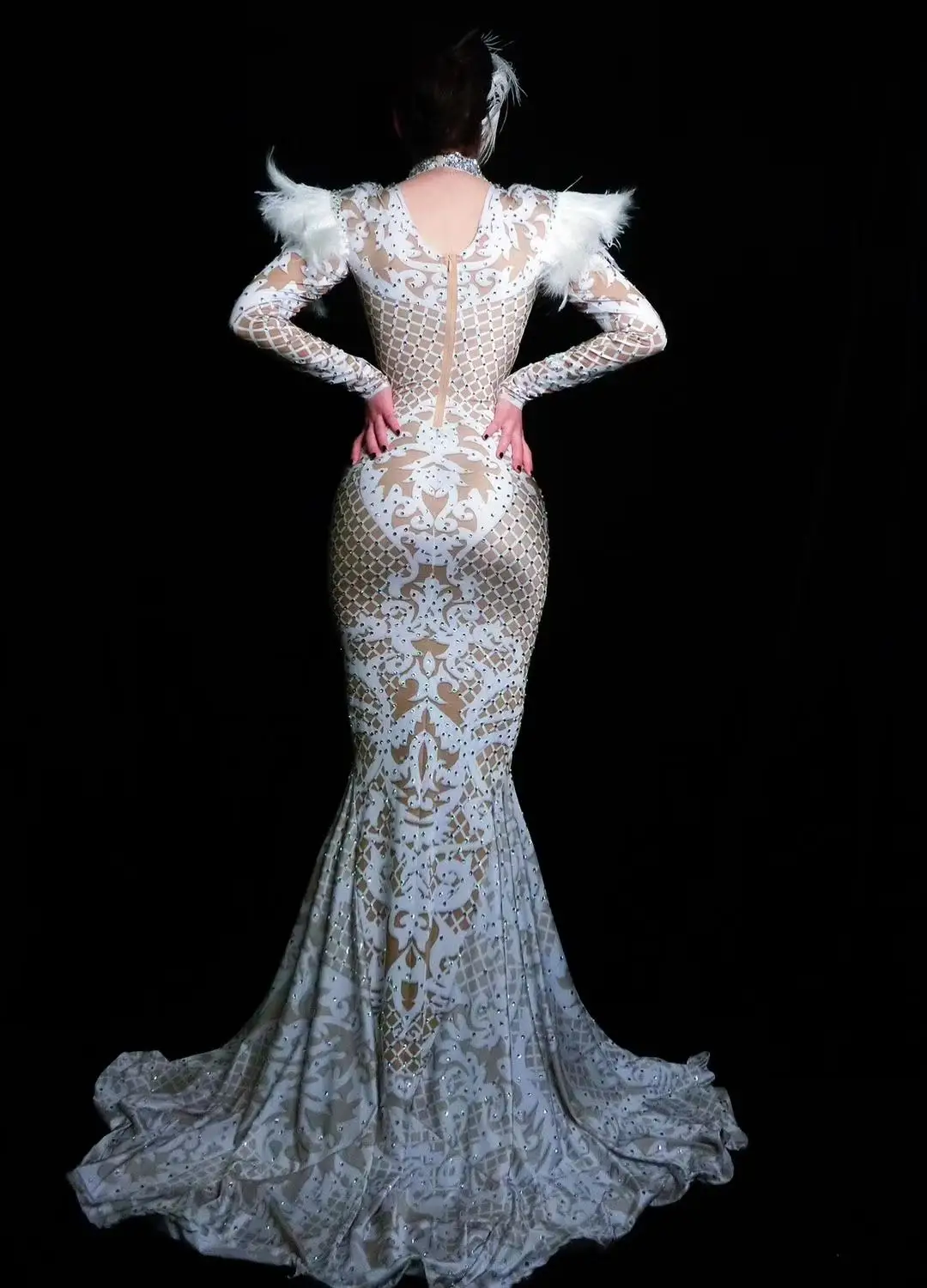 

Women Festival Evening Costume Prom Celebrate Big Tail Dresses Women Shining Rhinestone Long Train Dress Party Wear Dress