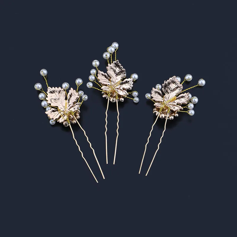 3Pcs Luxury Gold Pearl Rhinestone Bridal Hair Pin Women Clip Leaf Headpiece Jewelry Wedding Accessories SL | Украшения и