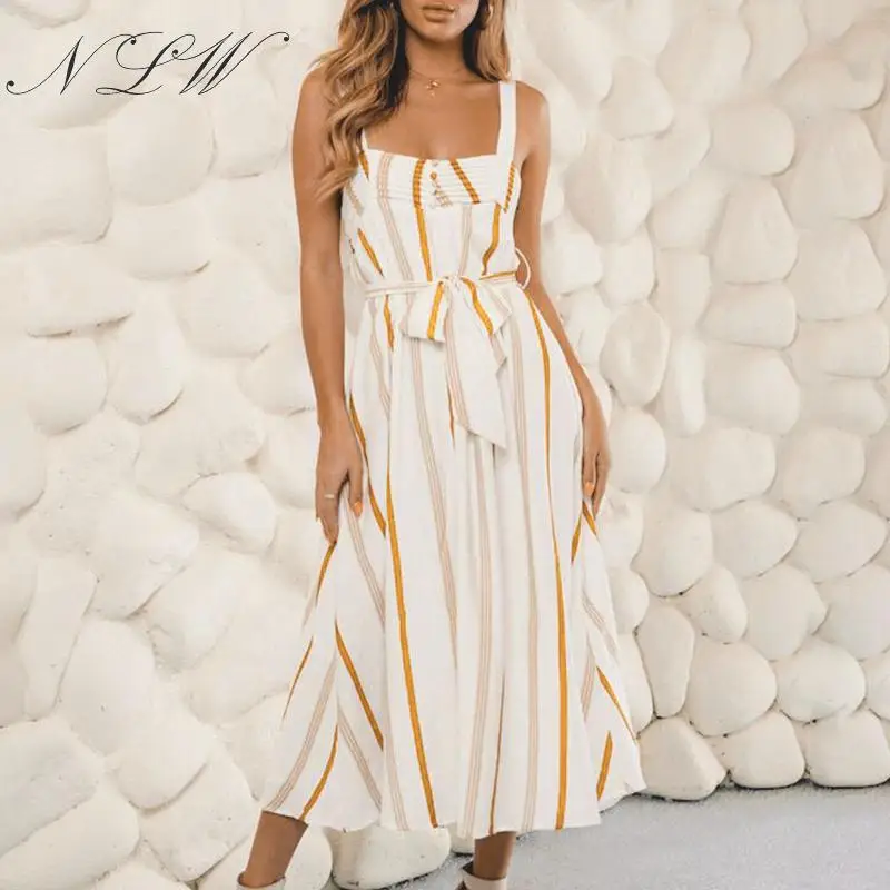 NLW Полосатое длинное белое летнее платье с поясом на пуговицах без рукавов