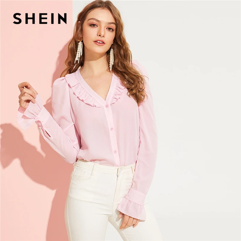 SHEIN романтическая розовая однотонная блузка на пуговицах с оборками и v-образным вырезом, женские весенние элегантные милые топы и блузки с рукавами-воланами