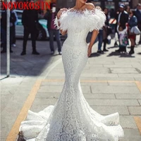 2019 charming white mermaid wedding dresses with feather sexy boat neck floor length off the shoulder lace wedding bridal gown