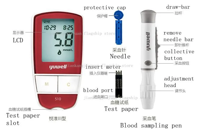 Глюкометр yuwell 510, измеритель уровня глюкозы в крови, измеритель уровня сахара в крови, тестер сахара, измеритель уровня сахара в крови+ 50 шт. тест-полосок