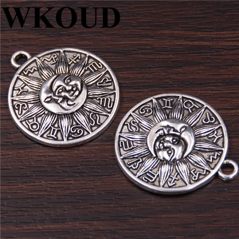 WKOUD 8 шт. античный серебряный астрологический медальон небесные Подвески Луна и солнце ювелирные изделия кулон для браслета ожерелье 29X25 мм