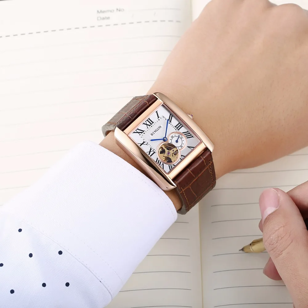 BINLUN классические прямоугольные Мужские автоматические часы Tourbillon механические часы Роскошные мужские часы со скелетом часы из натуральной кожи