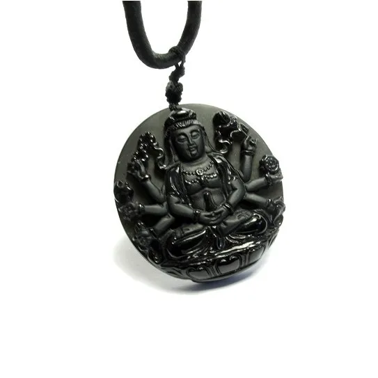 High Quality Hot Lucky Carved Natural Black Obsidian Guanyin Buddha Pendant Necklace wholesale Free Shipping | Украшения и