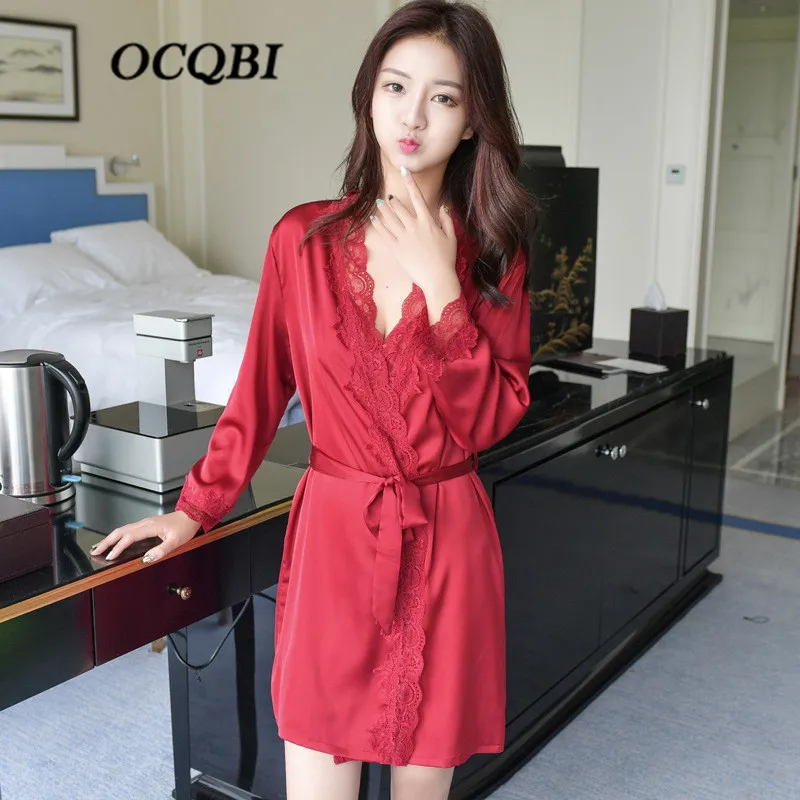 

Plus Size Silk Robes for Women 2018 Summer Hot Sexy Lace Sleepwear Dress Nightdress Homewear