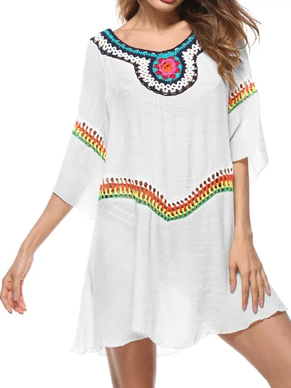 Для женщин Boho прикрыть крючком с круглым вырезом повседневное пляжное платье для