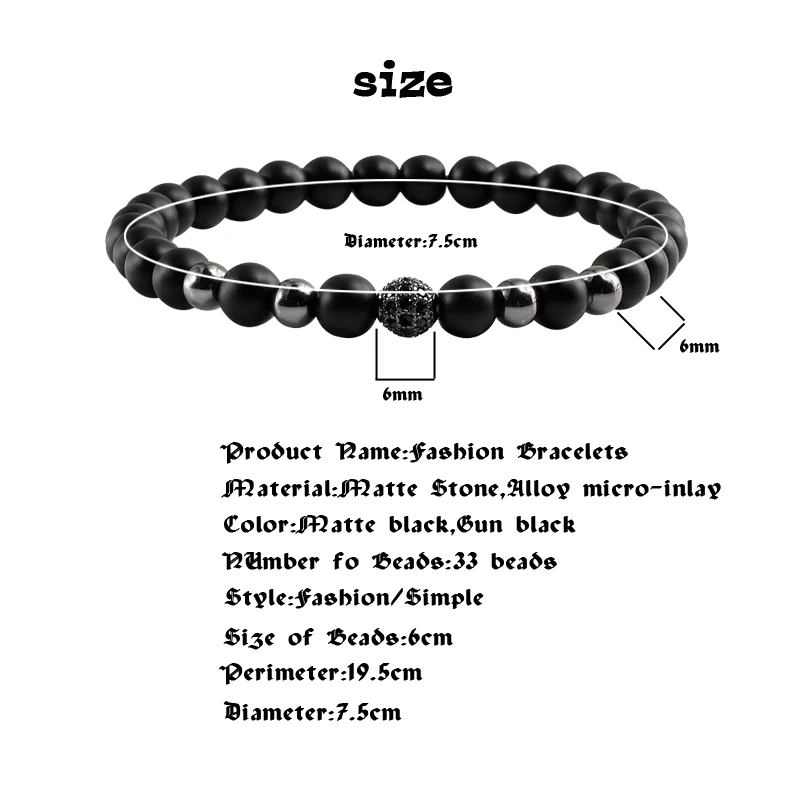 6mm Mini Bracelets For Women Natural Stone Matte Beads Black Men Bangles Elastic Rubber Bracelet Black/White Yin-yang Handchain | Украшения