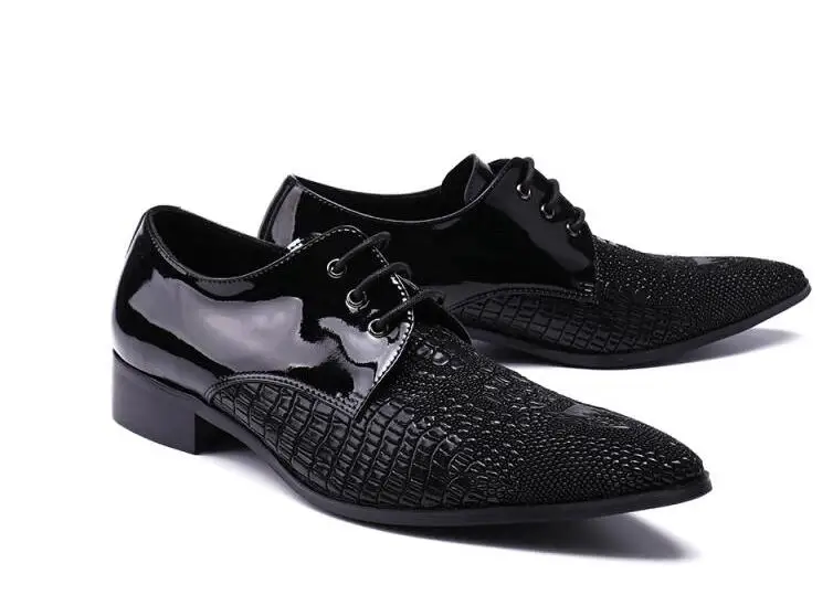 Lace-Up Med Heeled Men's Genuine Leather Dress Shoes Pointed-Toe Height Increasing Patchwork Stone Pattern Formal Brogue | Обувь
