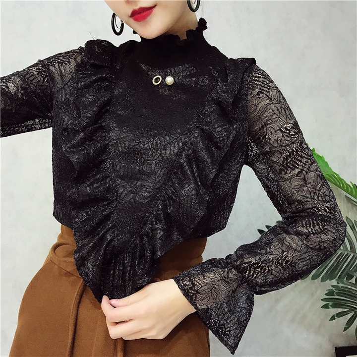 ALPHALMODA V-Ruffled стоячий воротник, украшенный бисером, женские изящные футболки с вырезами на крючках, цветы, однотонные женские пуловеры, футболки