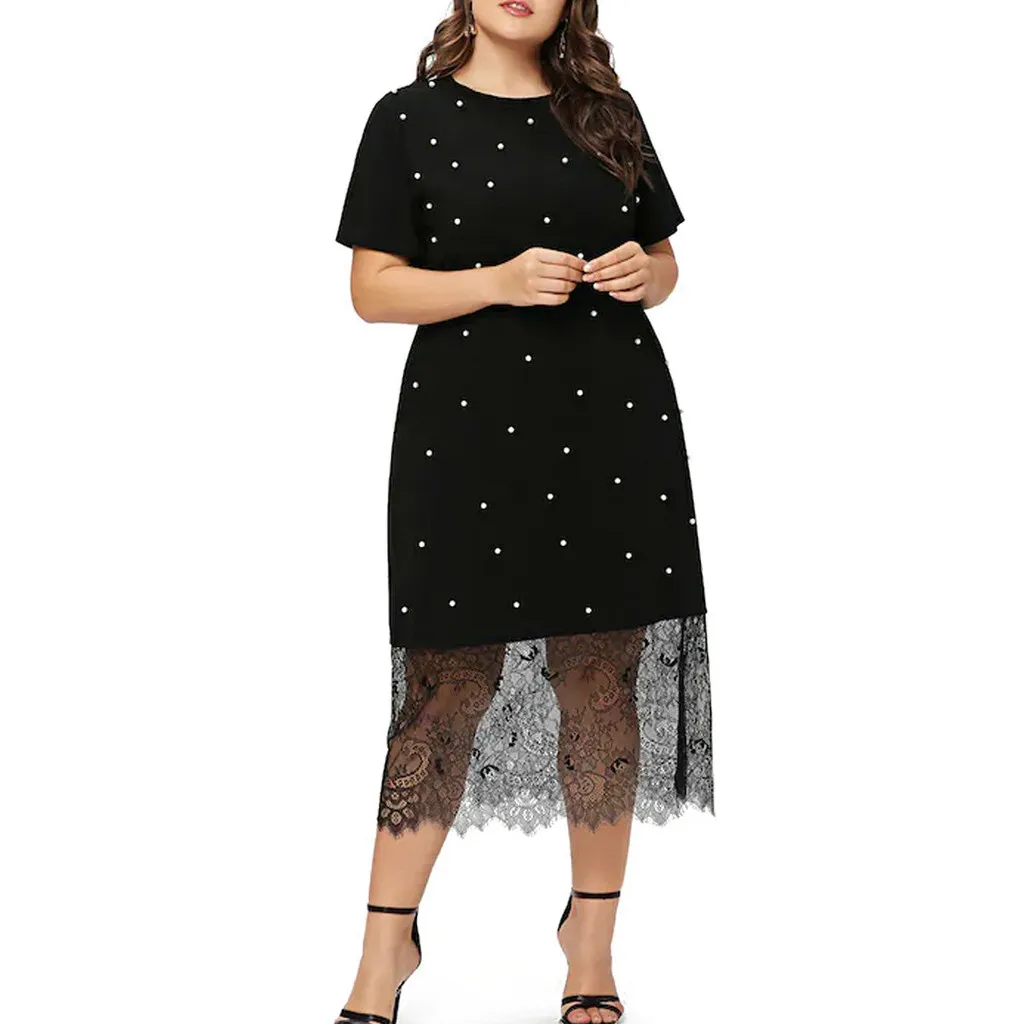 SAGACE Fashion Women Plus Size Casual O-Neck Short Sleeve Pots Printed Lace Dress Dot A-Line Summer Casual travel Dress July 17