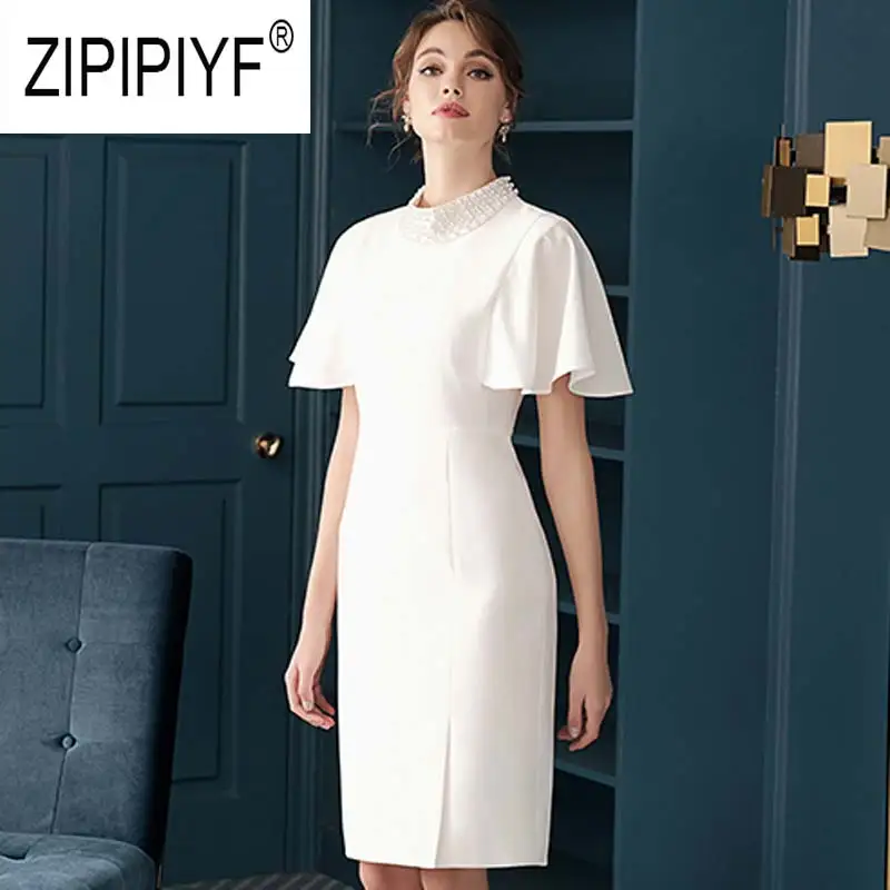 White Элегантные модные женские платья с высоким воротом, с бисером, с коротким рукавом, облегающие платья-карандаш, офисные женские элегантные платья Z1384 - Цвет: White