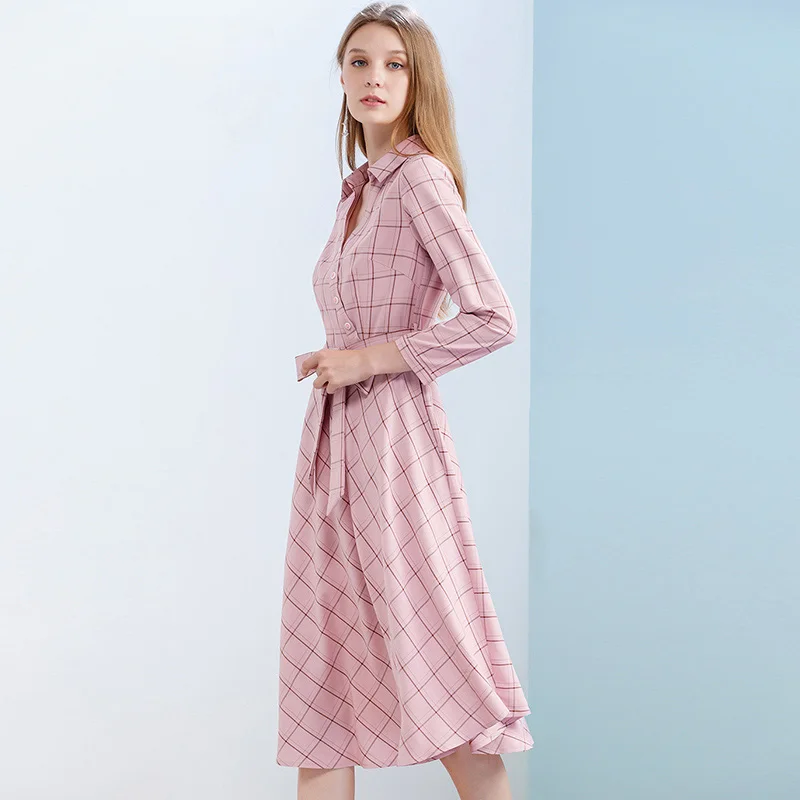 Mostnica Spring England Pink Formal Plaid Shirt Dress for Office Lady Cotton Streewear Striped Robe Dresses with Pocket and Belt | Женская