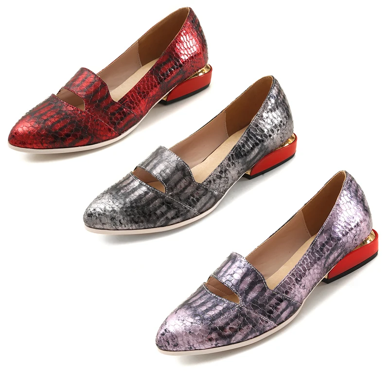 Minute Hand New Fashion Leather Lady Snake Skin Loafers Shoes Women Low Heels Hollow Slip On Spring Autumn Plus Size 34-43 | Обувь