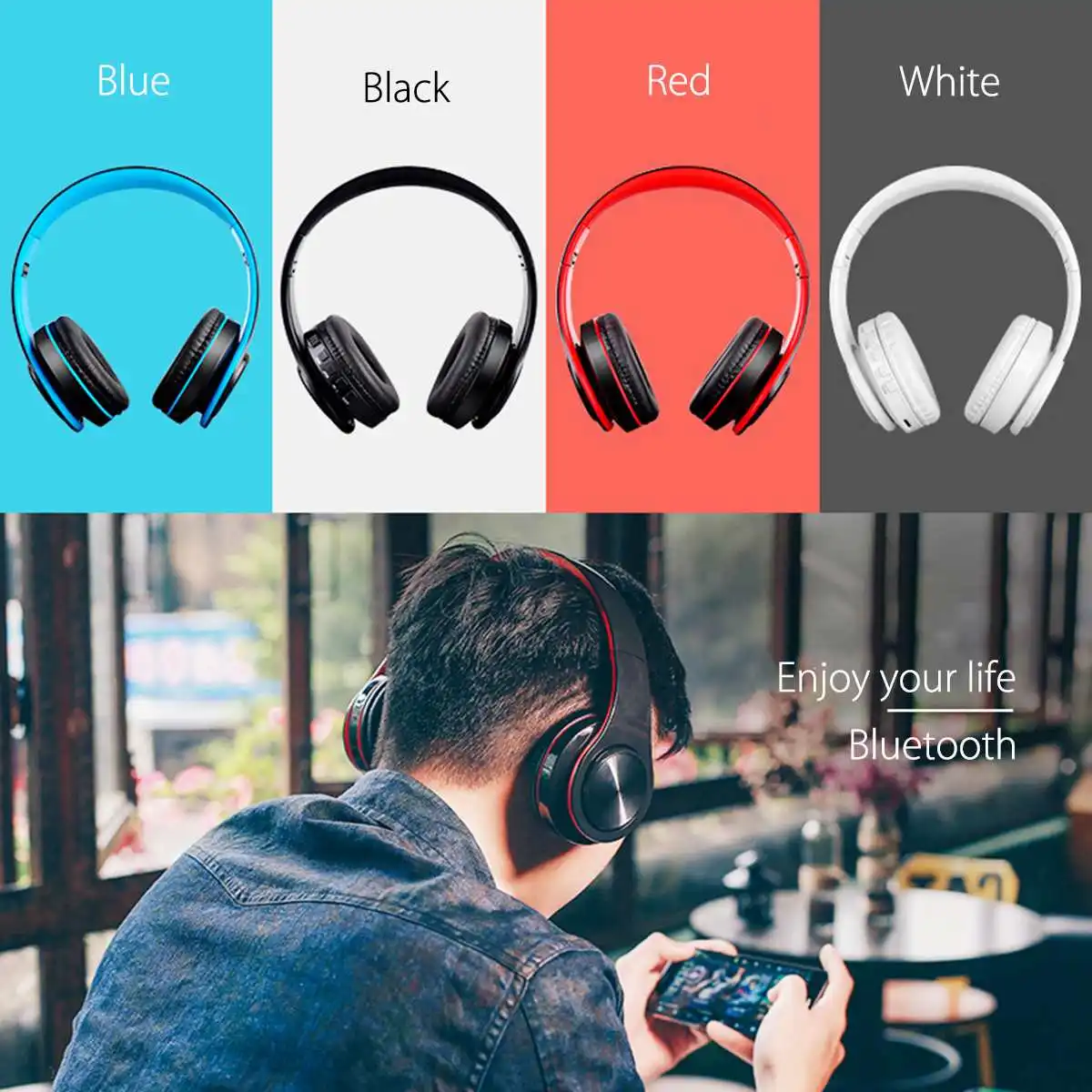 Беспроводные наушники bluetooth 5,0, складные басы, стерео гарнитура, наушники с микрофоном, FM, TF карта, AUX, USB, для iPhone, сотового телефона