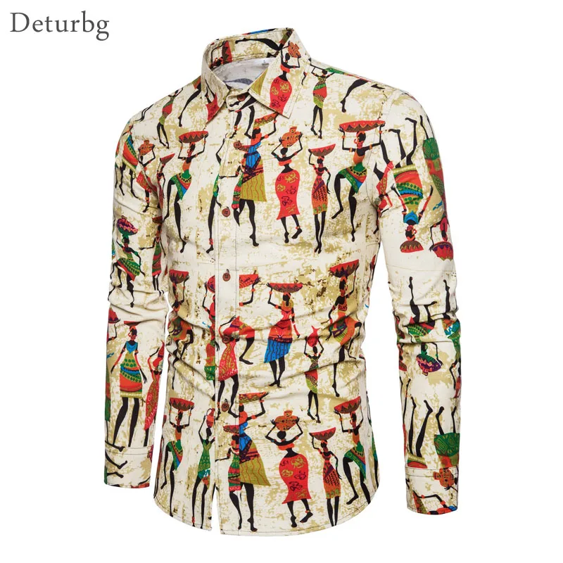 Deturbg Mens Fashion Africa Style Shirt Man's Print Clothes Long Sleeve Slim Fit Cotton Shirts Comfort Soft Spring Autumn MB02 | Мужская