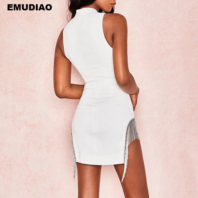 2019 NEW Women Sexy perspective dress Bright drill tassel Ladies Sleeveless Crew Neck Bodycon Dress Gauze Splicing Tigh | Женская одежда