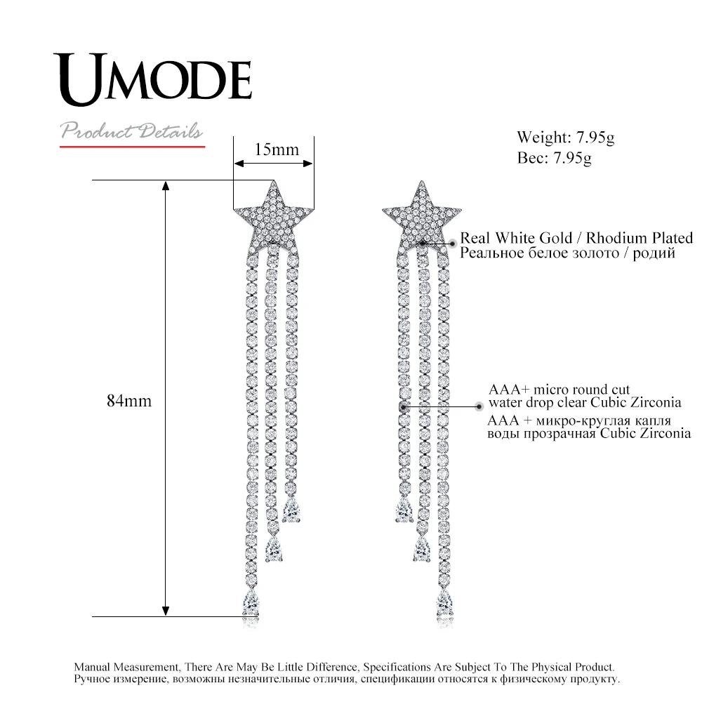 Серьги UMODE с фианитами женские длинные висячие серьги-кисточки подвесками в виде