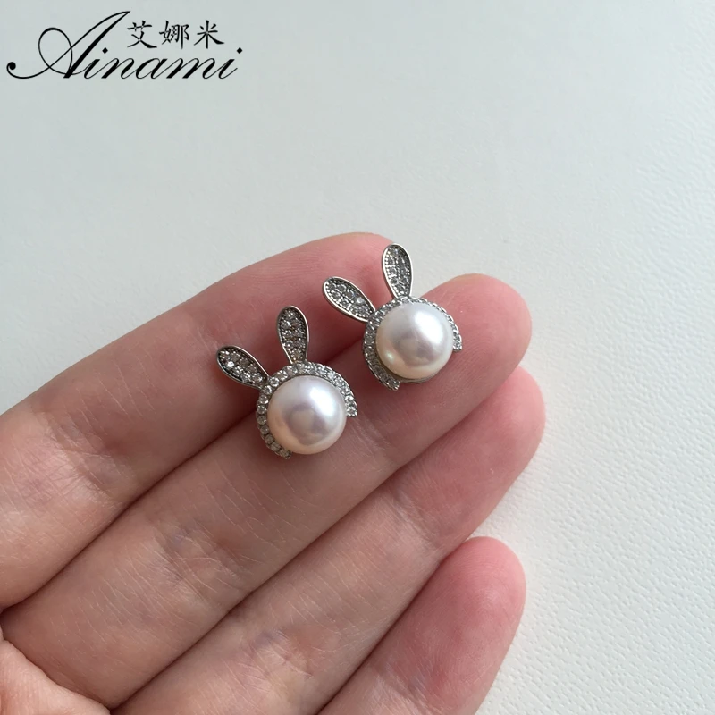 [Ainami] Rabbit Earrings 7-7.5mm Natural Freshwater Pearl Studs 925 Sterling Silver Brand Jewelry Free shiping | Украшения и
