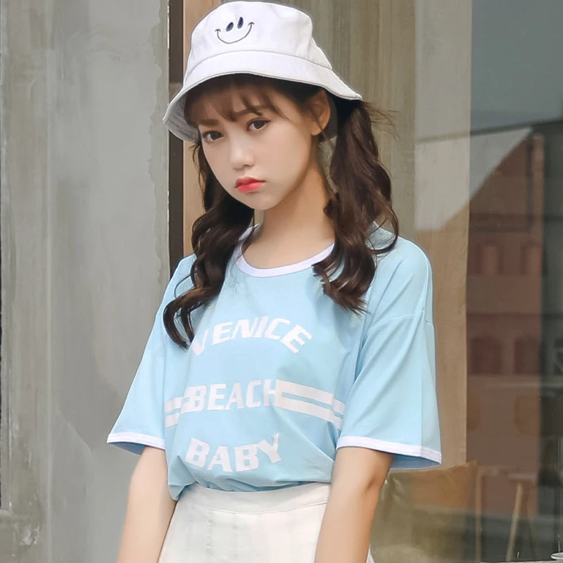 Women's T-shirts Japan Harajuku Ladies Ulzzang Letter Printed Round Neck T-shirt Female Korean Kawaii Tops For Women Clothes | Женская