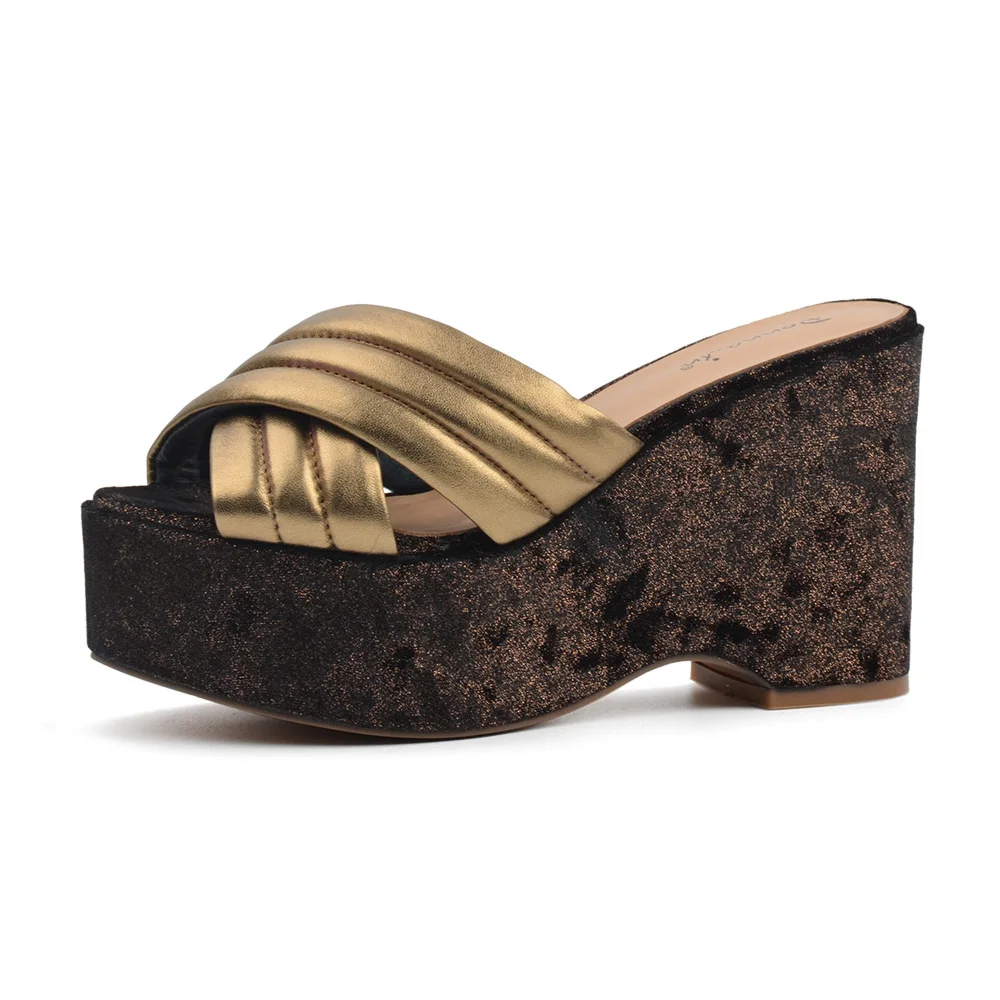 Bronze Donna-in/ женские шлепанцы из натуральной кожи; обувь на платформе и высоком каблуке; модные золотистые блестящие Вьетнамки; женская обувь - Цвет: Bronze