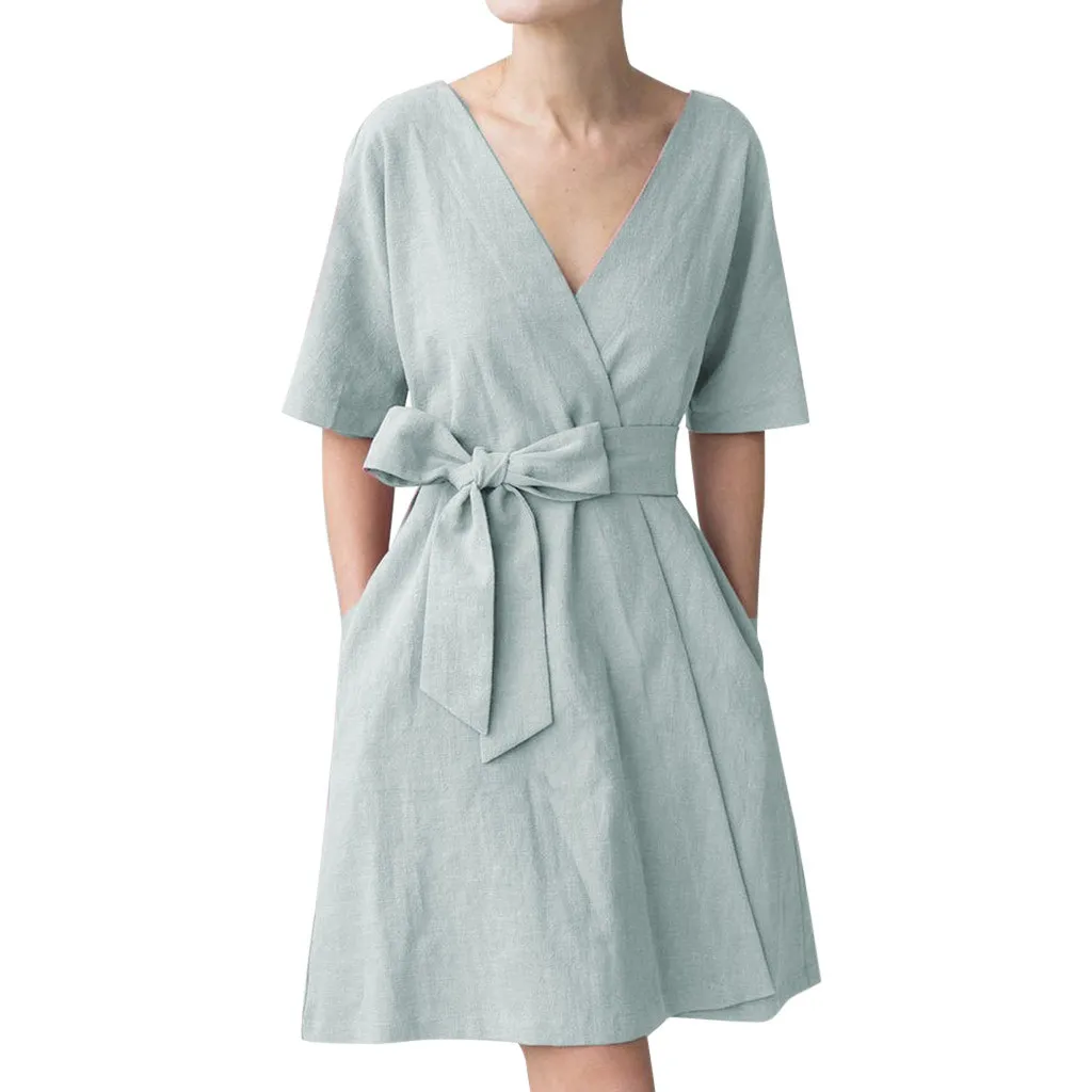 JAYCOSIN Women's Fashion Summer Classic Dresses With Sashes Short Sleeve V Neck Mini Pockets Vestidos dropshipping | Женская одежда